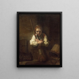a girl with a broom - School of Rembrandt van Rijn — framed artwork on a wall