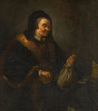 An old woman with a purse and coins at a table Allegory of greed - School of Rembrandt van Rijn — artwork view
