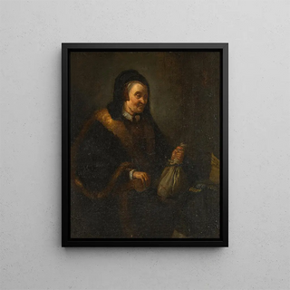 An old woman with a purse and coins at a table Allegory of greed - School of Rembrandt van Rijn — framed artwork on a wall