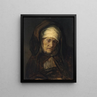 Head of an elderly woman - School of Rembrandt van Rijn — framed artwork on a wall
