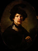 a man wearing a feathered beret and a gorget - Rembrandt van Rijn School — artwork view