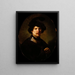 a man wearing a feathered beret and a gorget - Rembrandt van Rijn School — framed artwork on a wall
