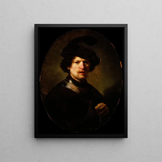 a man wearing a feathered beret and a gorget - Rembrandt van Rijn School — framed artwork on a wall