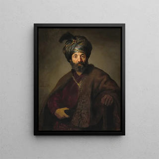Man in Oriental Costume - School of Rembrandt van Rijn — framed artwork on a wall