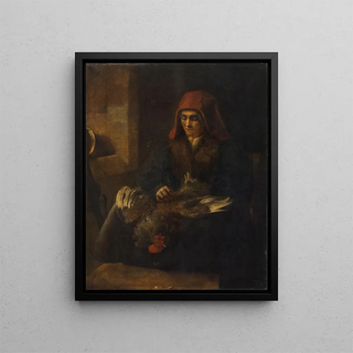 Old woman plucking a poultry - School of Rembrandt van Rijn — framed artwork on a wall