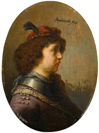 Portrait of a young man in armor and a feathered cap - School of Rembrandt van Rijn — artwork view