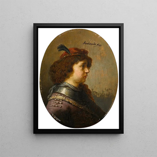 Portrait of a young man in armor and a feathered cap - School of Rembrandt van Rijn — framed artwork on a wall