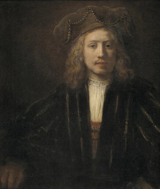 Young man wearing a cap decorated with pearls - School of Rembrandt van Rijn — artwork view