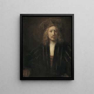 Young man wearing a cap decorated with pearls - School of Rembrandt van Rijn — framed artwork on a wall
