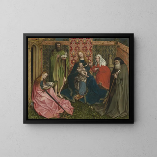 the Virgin and Child surrounded by saints in the walled garden - School of Robert Campin — framed artwork on a wall