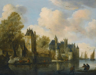 a fortified city on a river with a ferry - School of Salomon van Ruysdael — artwork view
