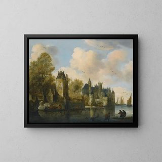 a fortified city on a river with a ferry - School of Salomon van Ruysdael — framed artwork on a wall