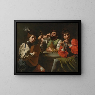 Musicians and drinkers in an interior - School of Valentin de Boulogne — framed artwork on a wall