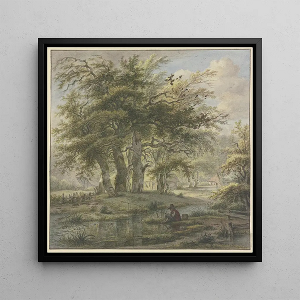 Forest of oaks with some huts in the foreground, a fisherman - Jan Hulswit — framed artwork on a wall