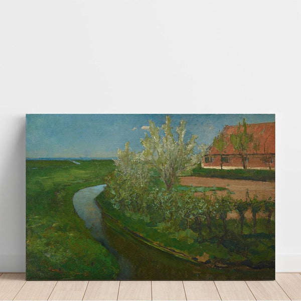 Reproduction of the painting of a curved irrigation ditch bordering a farmyard with flowering trees - Piet Mondriaan