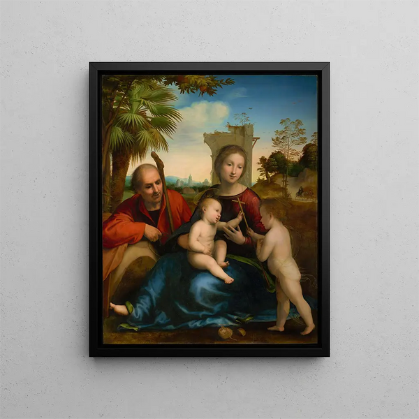 The Rest During the Flight into Egypt with Saint John the Baptist - Fra Bartolomeo — framed artwork on a wall