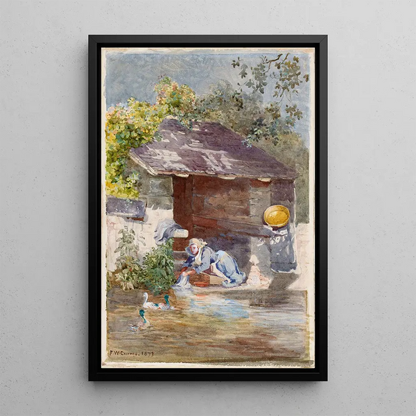 Woman washing clothes by a river - Frances Fanny Wilmot Currey — framed artwork on a wall