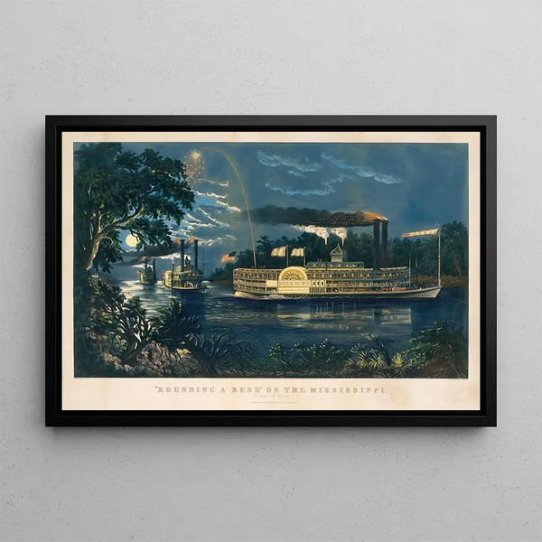 "Contournant un virage sur le Mississippi, le salut d'adieu" by Frances Flora Bond Palmer — framed artwork on a wall