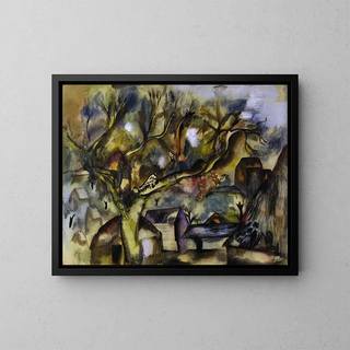 Farm scene at dusk - Frances Hodgkins — framed artwork on a wall