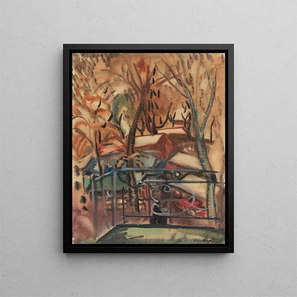 Market at Concarneau from a window of the Hôtel des Voyageurs - Frances Hodgkins — framed artwork on a wall
