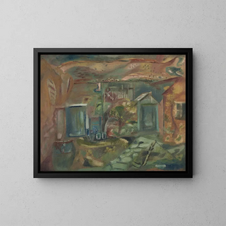 Interior courtyard painting of Purbeck in early afternoon - Frances Hodgkins — framed artwork on a wall