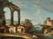 Landscape painting with classical ruins and figures near a river, a bridge in the distance - Francesco Albotto — artwork view