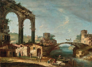 Landscape painting with classical ruins and figures near a river, a bridge in the distance - Francesco Albotto — artwork view