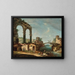 Landscape painting with classical ruins and figures near a river, a bridge in the distance - Francesco Albotto — framed artwork on a wall