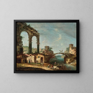 Landscape painting with classical ruins and figures near a river, a bridge in the distance - Francesco Albotto — framed artwork on a wall