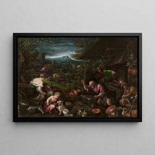 La Forge de Vulcain - Francesco Bassano l'Ancien — framed artwork on a wall