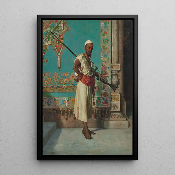 Portrait of an Oriental with a Rifle - Francesco Beda — framed artwork on a wall