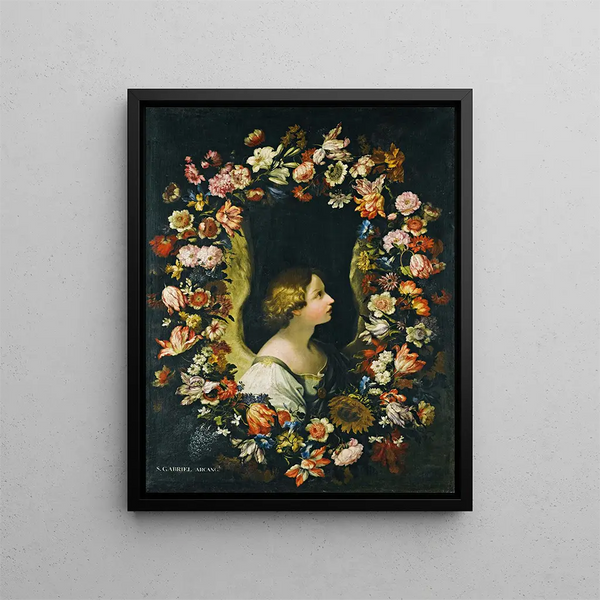 A garland of flowers surrounding the angel Gabriel - Francesco Caldei — framed artwork on a wall