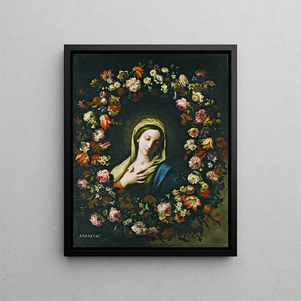 A garland of flowers surrounding the Announcing Virgin - Francesco Caldei — framed artwork on a wall