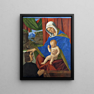 The Virgin with the Child Jesus and a donor - Francesco di Simone da Santacroce — framed artwork on a wall