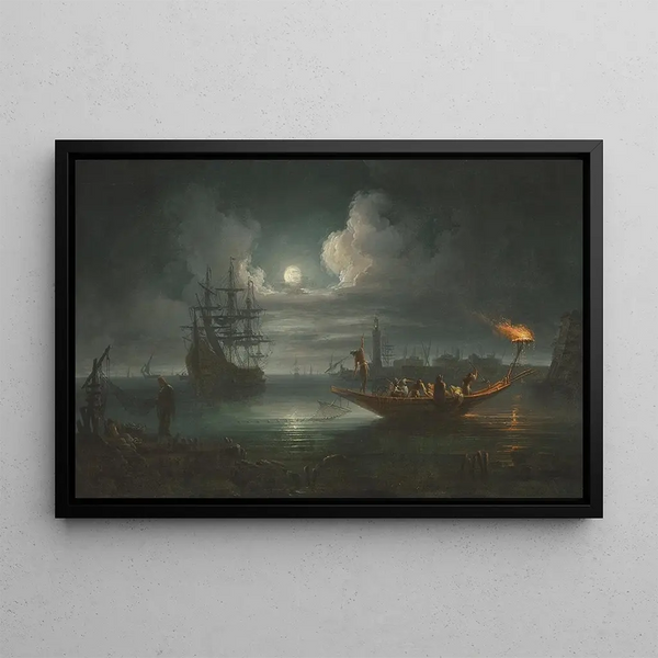 A Mediterranean harbor at moonlight with fishermen bringing in their catch, a full-rigged pinnace, and other ships in the distance - Francesco Fidanza — framed artwork on a wall