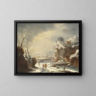 a snowy landscape with travelers near a river - Francesco Foschi — framed artwork on a wall