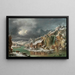 Winter landscape painting with travelers near a river - Francesco Foschi — framed artwork on a wall