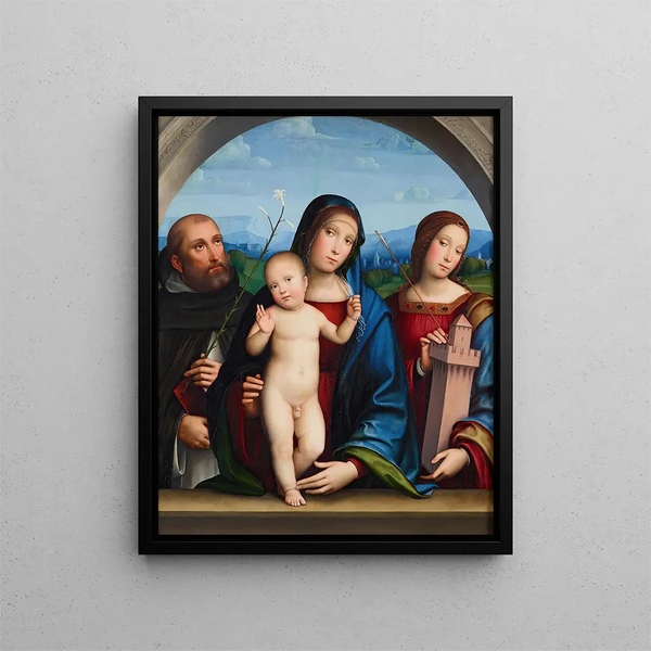 Virgin and Child with Saint Dominic and Saint Barbara - Francesco Francia — framed artwork on a wall