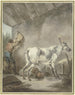 a painting of a gray horse at the stable with a farmer hanging a saddle - Francesco Giuseppe Casanova — artwork view