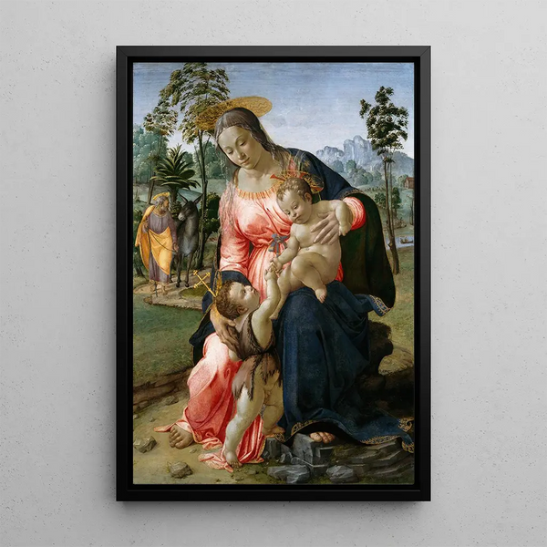 Repos pendant la fuite en Égypte avec le petit Saint Jean-Baptiste - Francesco Granacci — framed artwork on a wall