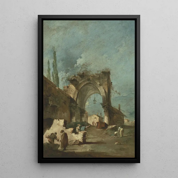 Caprice architectural avec figures près d'une arche en ruine - Francesco Guardi — framed artwork on a wall