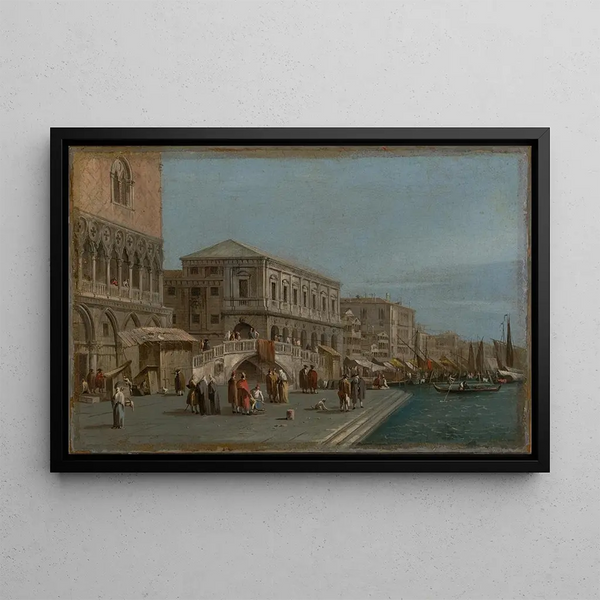 View of the Mole and the Riva degli Schiavoni in Venice - Francesco Guardi — framed artwork on a wall