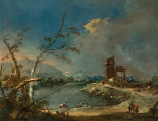 a rustic tower whim at the edge of a lake - Francesco Guardi — artwork view