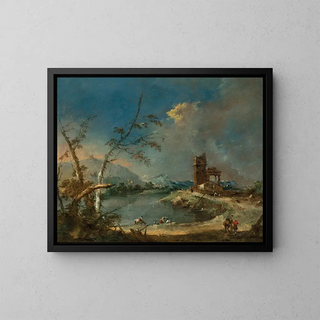 a rustic tower whim at the edge of a lake - Francesco Guardi — framed artwork on a wall