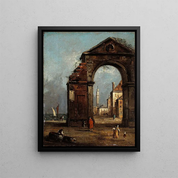Caprice with triumphal arch in ruins and lagoon landscape - Francesco Guardi — framed artwork on a wall