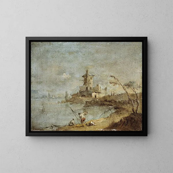 Rustic caprice with tower by the water's edge - Francesco Guardi — framed artwork on a wall