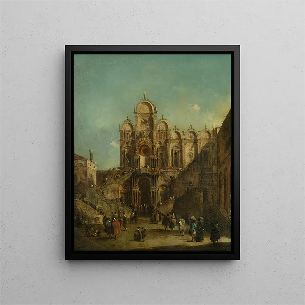 View of Campo San Zanipolo with the loggia erected on the occasion of Pope Pius VI's blessing - Francesco Guardi — framed artwork on a wall