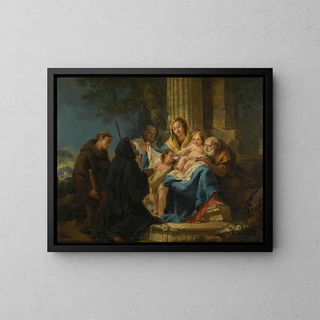 La Sainte Famille avec saint François de Paule et un saint franciscain - Francesco Lorenzi — framed artwork on a wall