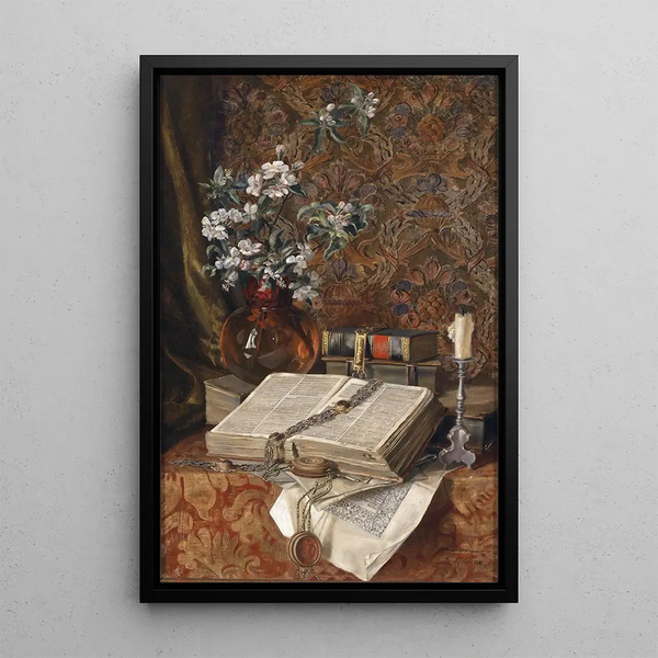 Still life with antique books - Francesco Malacrea — framed artwork on a wall