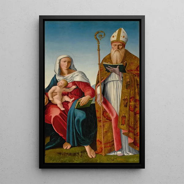 Virgin and Child with a Bishop Saint - Francesco Marmitta — framed artwork on a wall